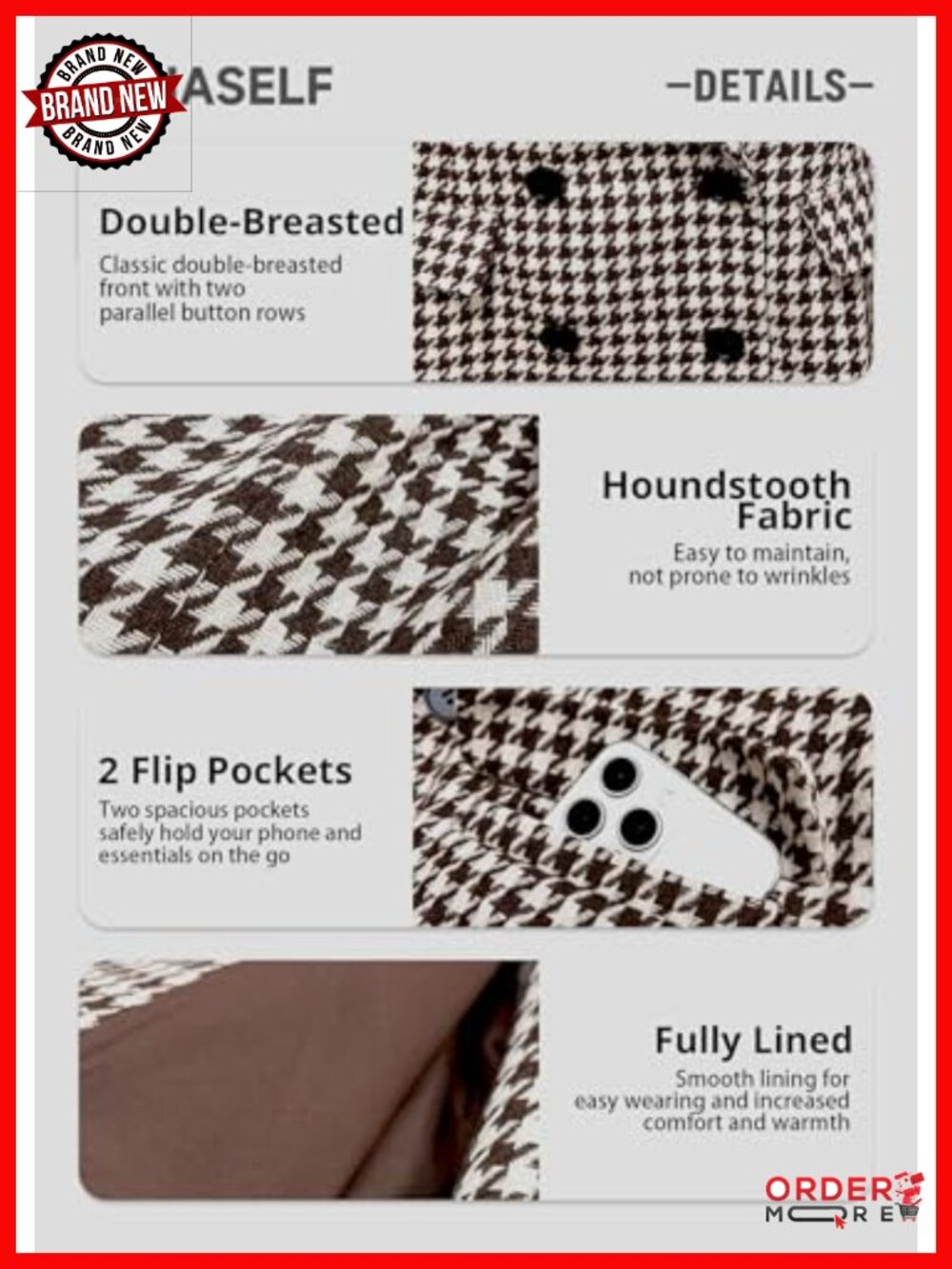 Tweed Houndstooth Blazer Jacket - Plaid Fully-Lined Double-Breasted Casual Work - Picture 4 of 6